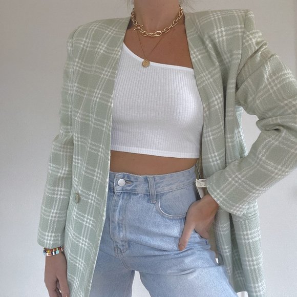 Vintage Pistachio & White Oversized Plaid Blazer - Picture 3 of 10